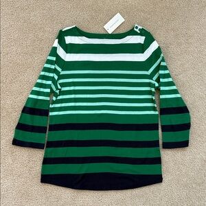 Charter Club Green and Black Striped 3/4 Sleeve Top